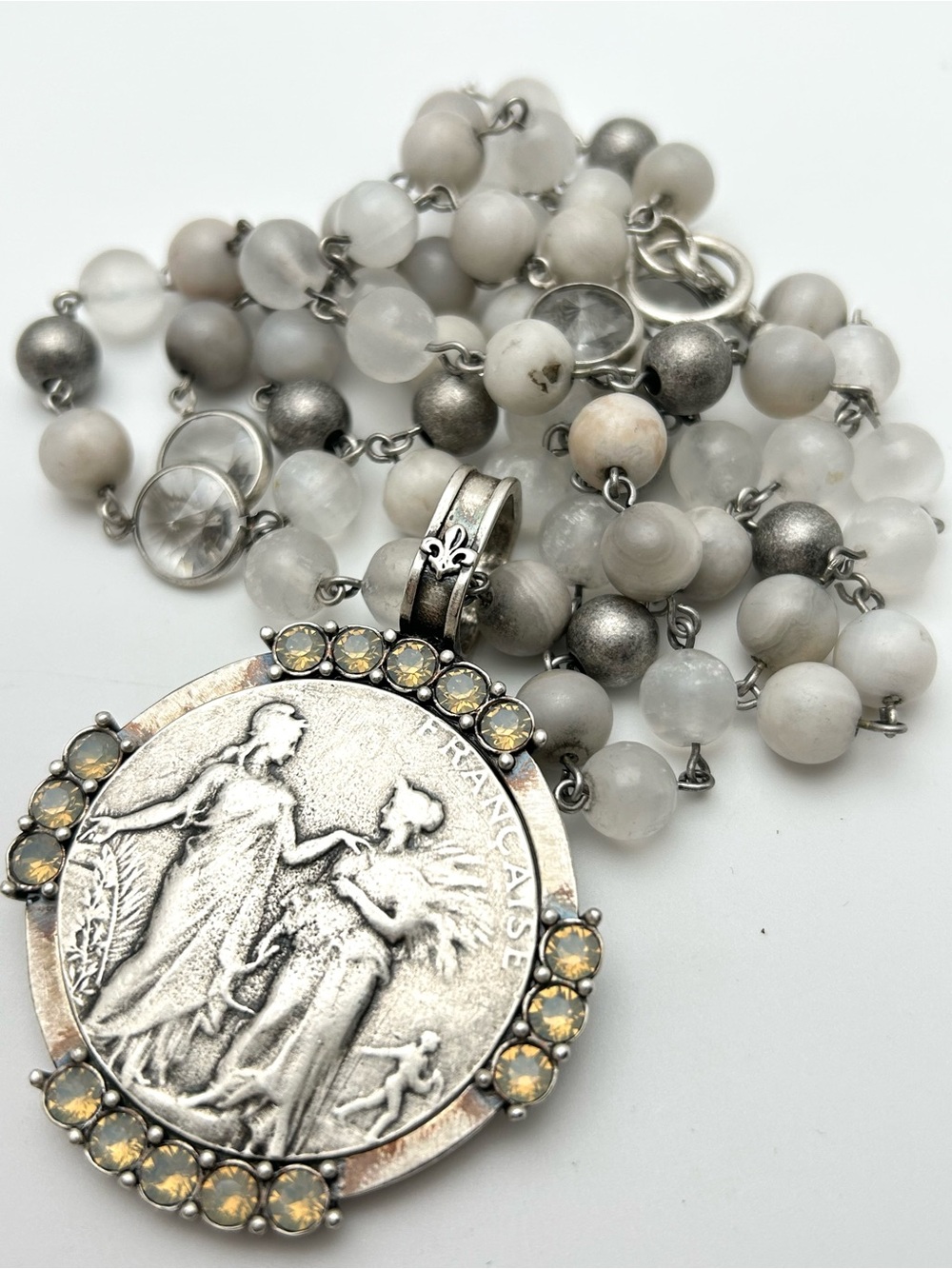 French Kande St. Remy and Republique Silver Swarovski Medallion Necklace